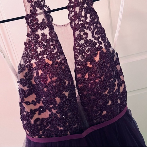 MADISON JAMES Elegant Purple Floral Lace Maxi Formal Ball Gown - Picture 4 of 17